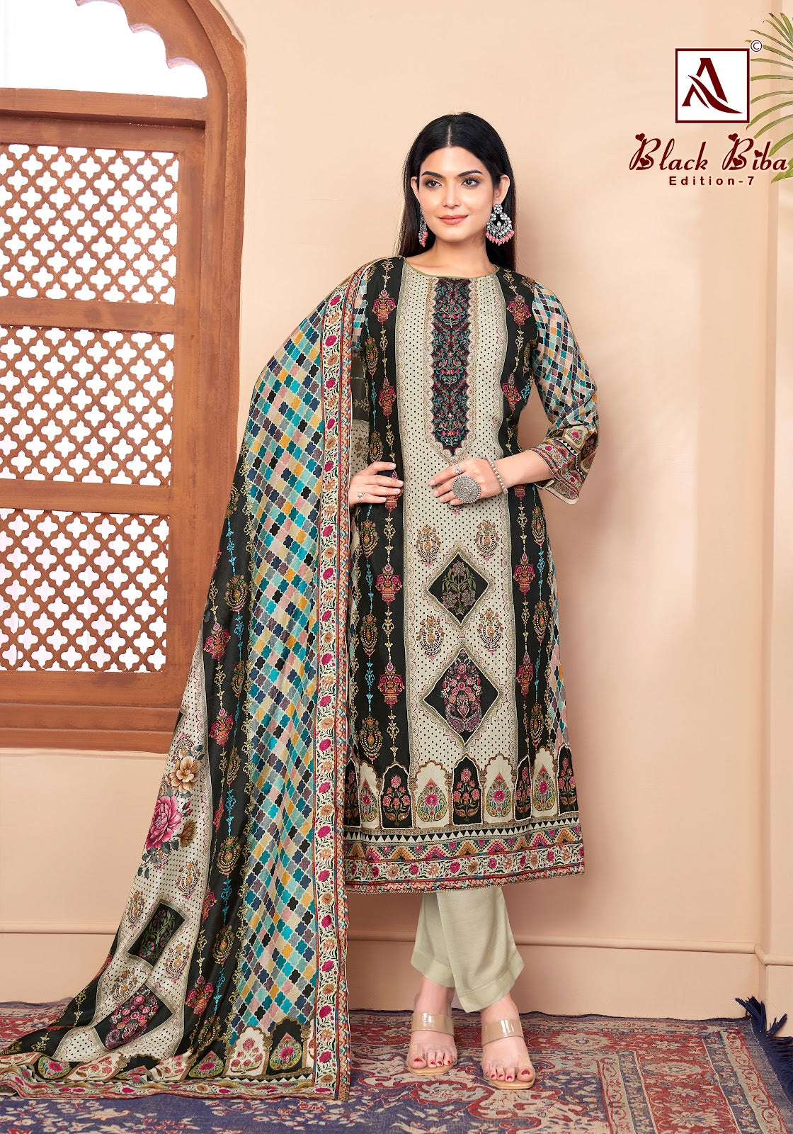Black Biba Edition 7 Alok Viscose Muslin Karachi Salwar Suits Exporter