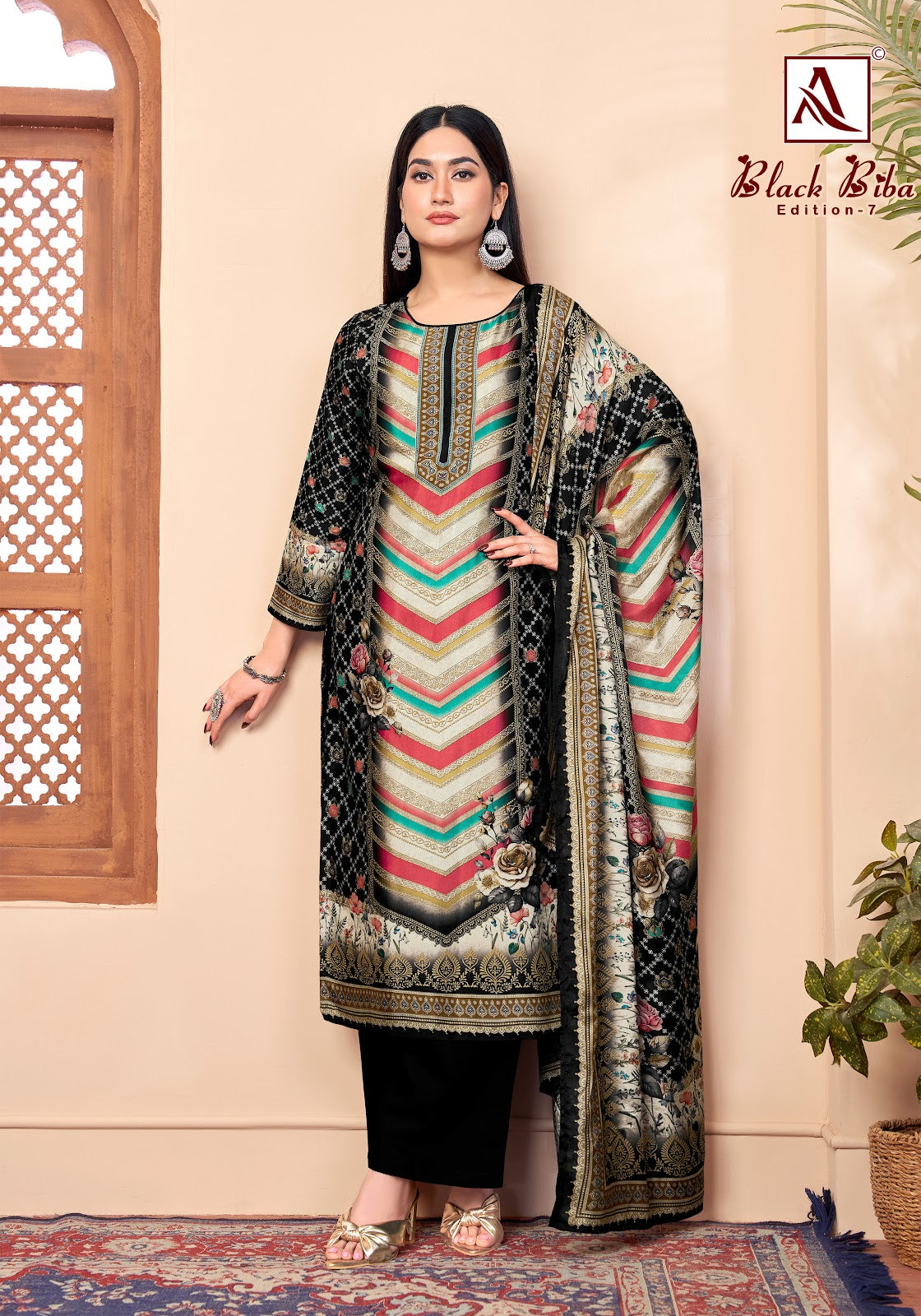 Black Biba Edition 7 Alok Viscose Muslin Karachi Salwar Suits Exporter