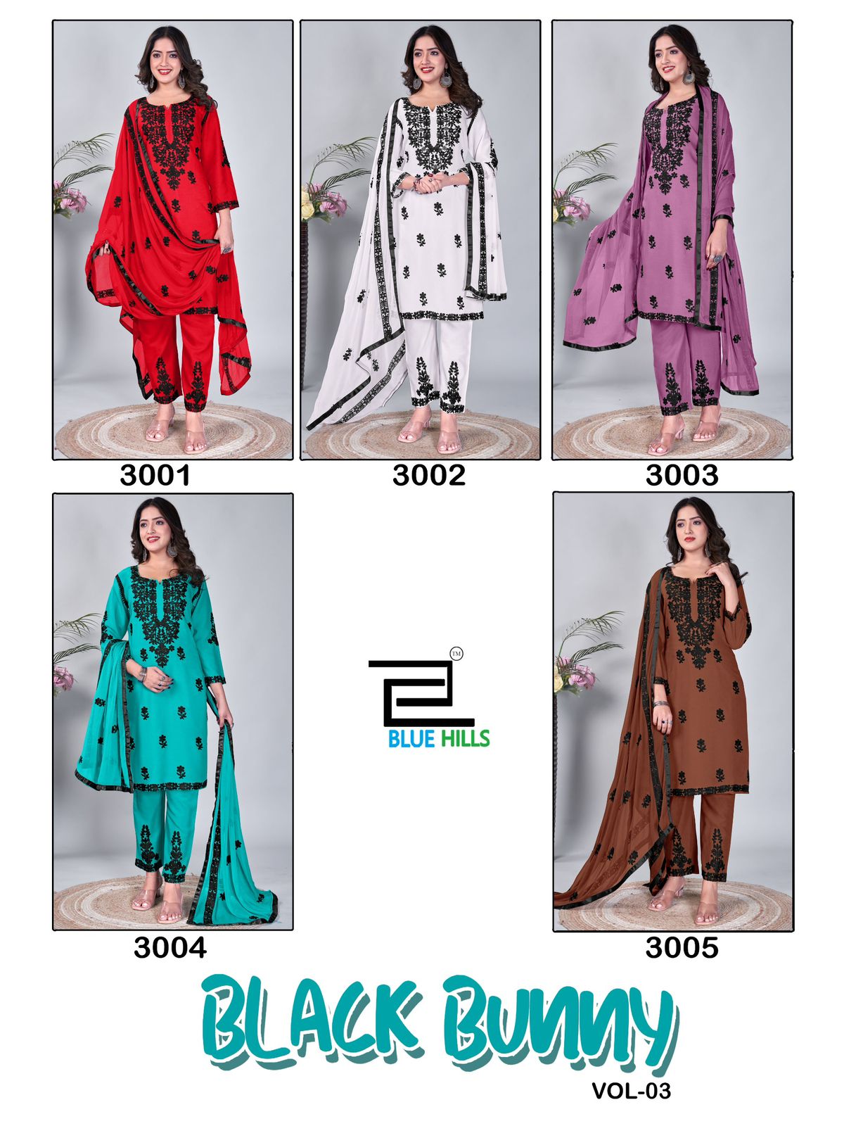 Black Bunny Vol 3 Blue Hills Rayon 14Kg Readymade Pant Style Suits Exporter India