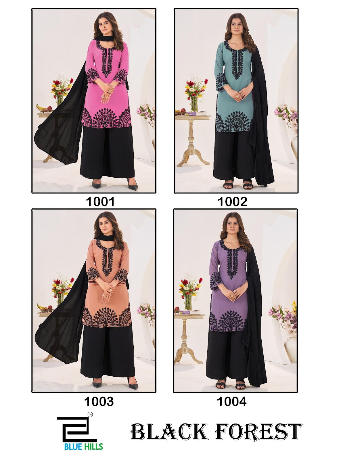 Black Forest Blue Hills Georgette Readymade Plazzo Style Suits Exporter Ahmedabad