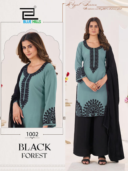 Black Forest Blue Hills Georgette Readymade Plazzo Style Suits Exporter Ahmedabad