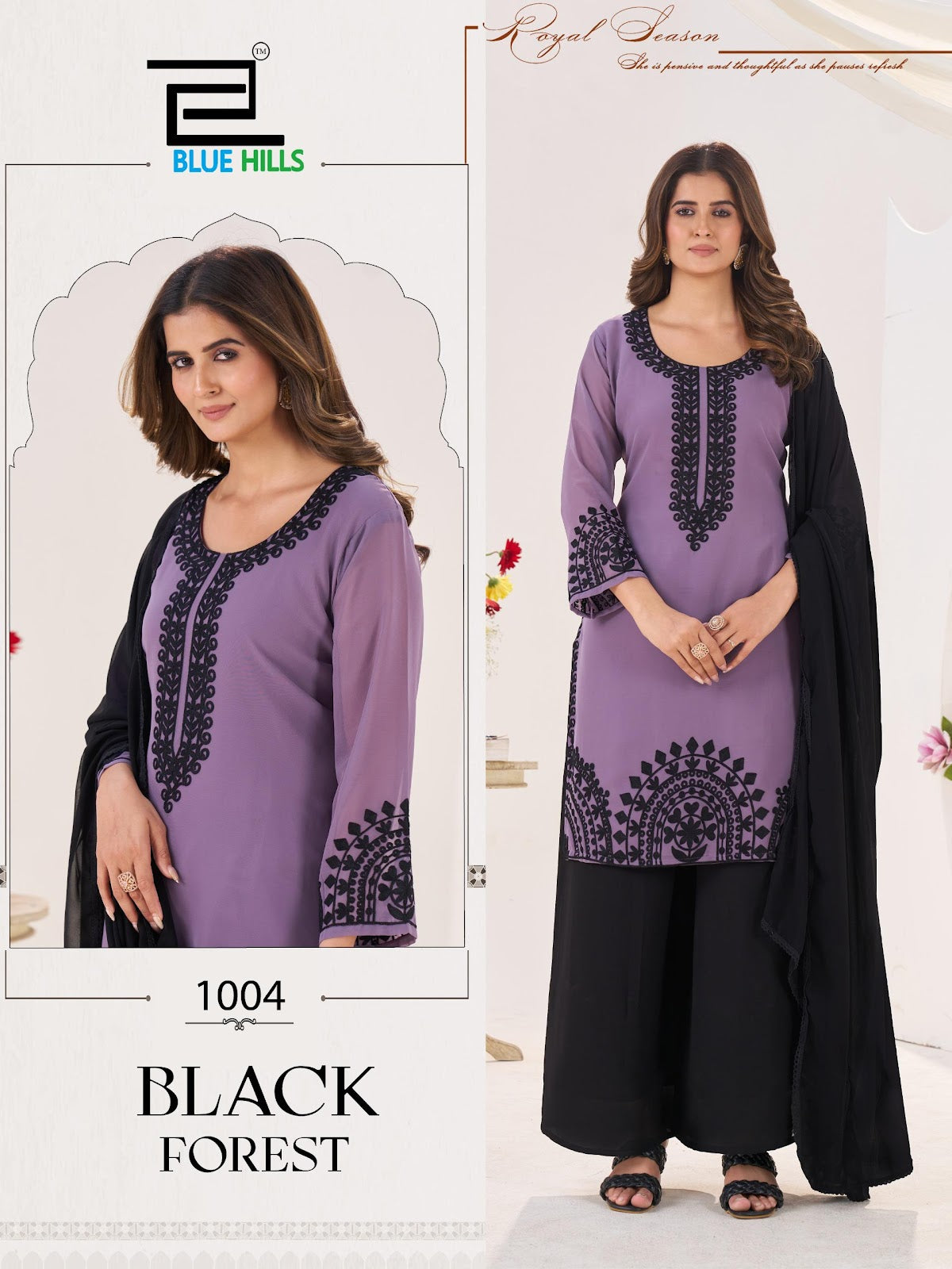 Black Forest Blue Hills Georgette Readymade Plazzo Style Suits Exporter Ahmedabad