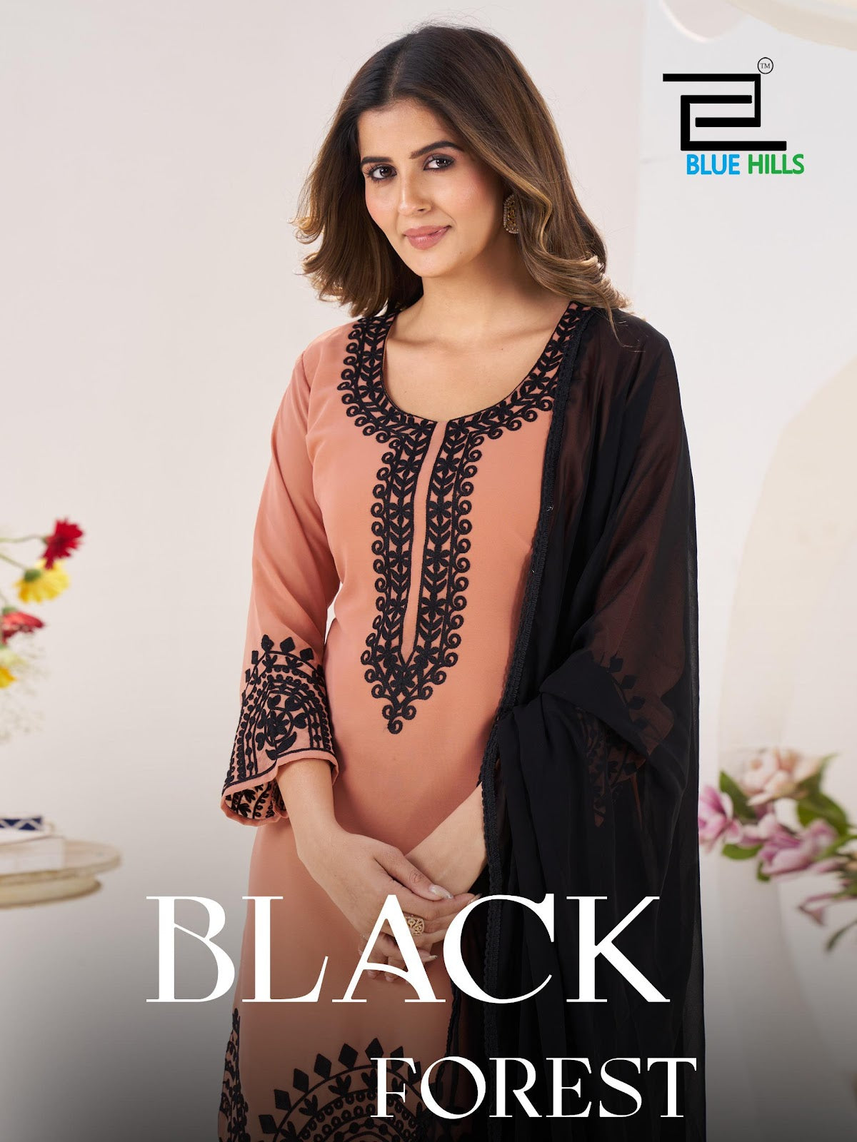 Black Forest Blue Hills Georgette Readymade Plazzo Style Suits Exporter Ahmedabad