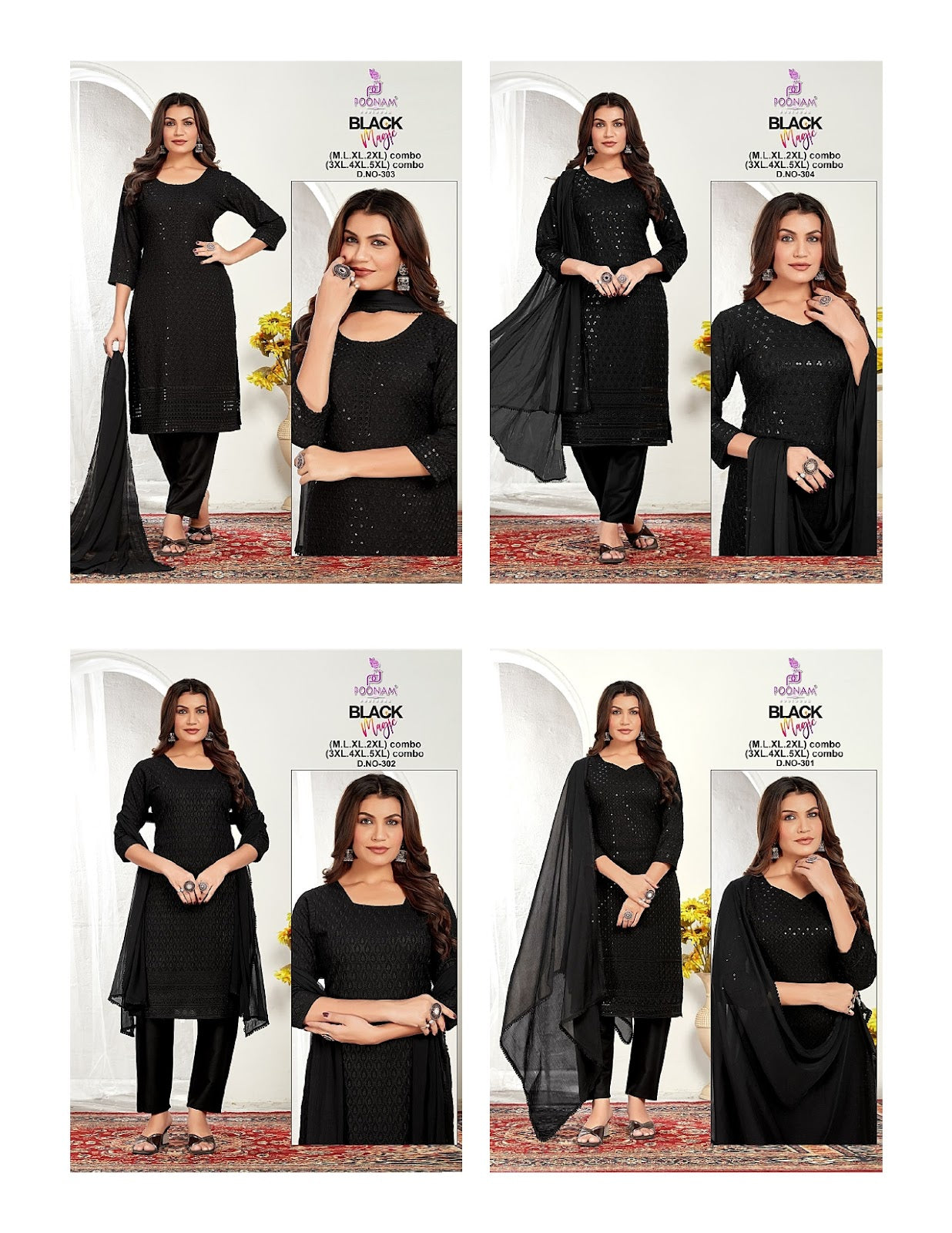 Black Magic Design 301-304 Poonam Designer Rayon Readymade Pant Style Suits Wholesaler Ahmedabad