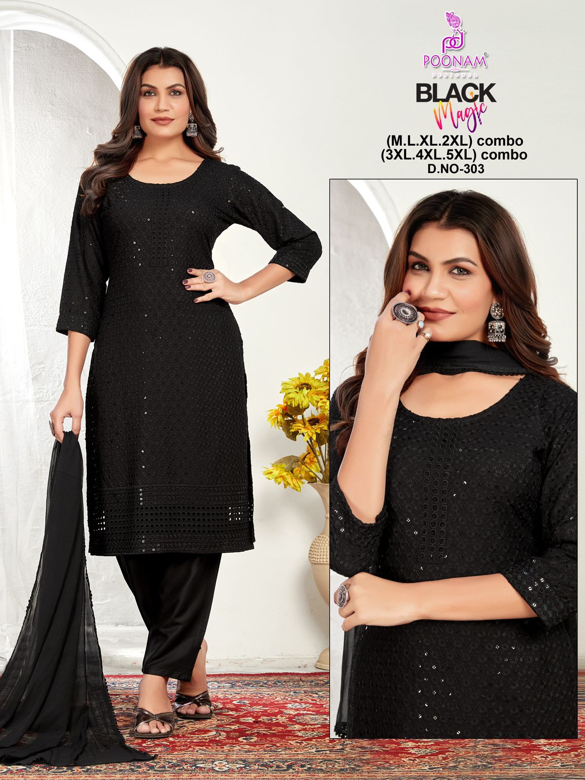 Black Magic Design 301-304 Poonam Designer Rayon Readymade Pant Style Suits Wholesaler Ahmedabad