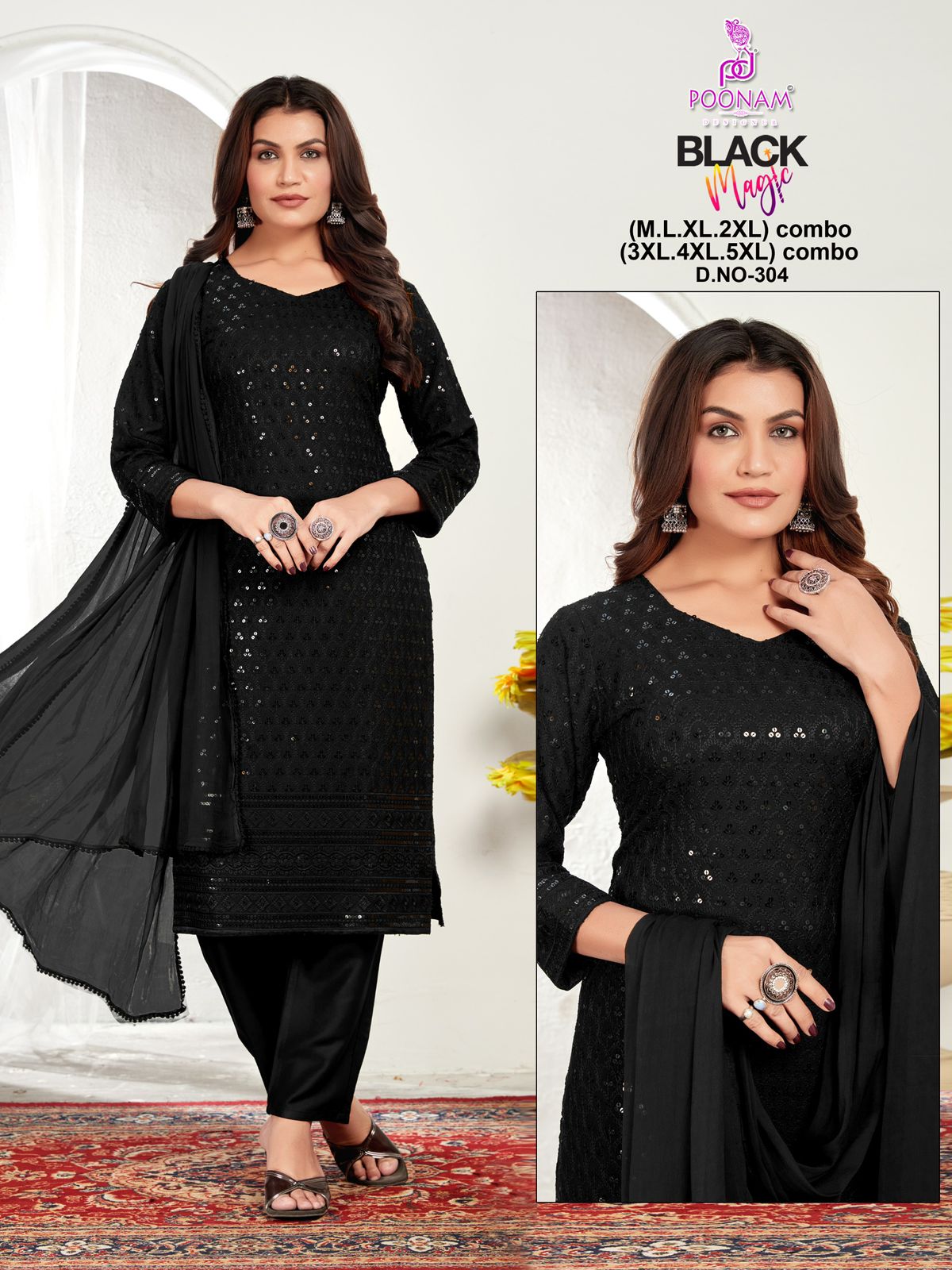 Black Magic Design 301-304 Poonam Designer Rayon Readymade Pant Style Suits Wholesaler Ahmedabad