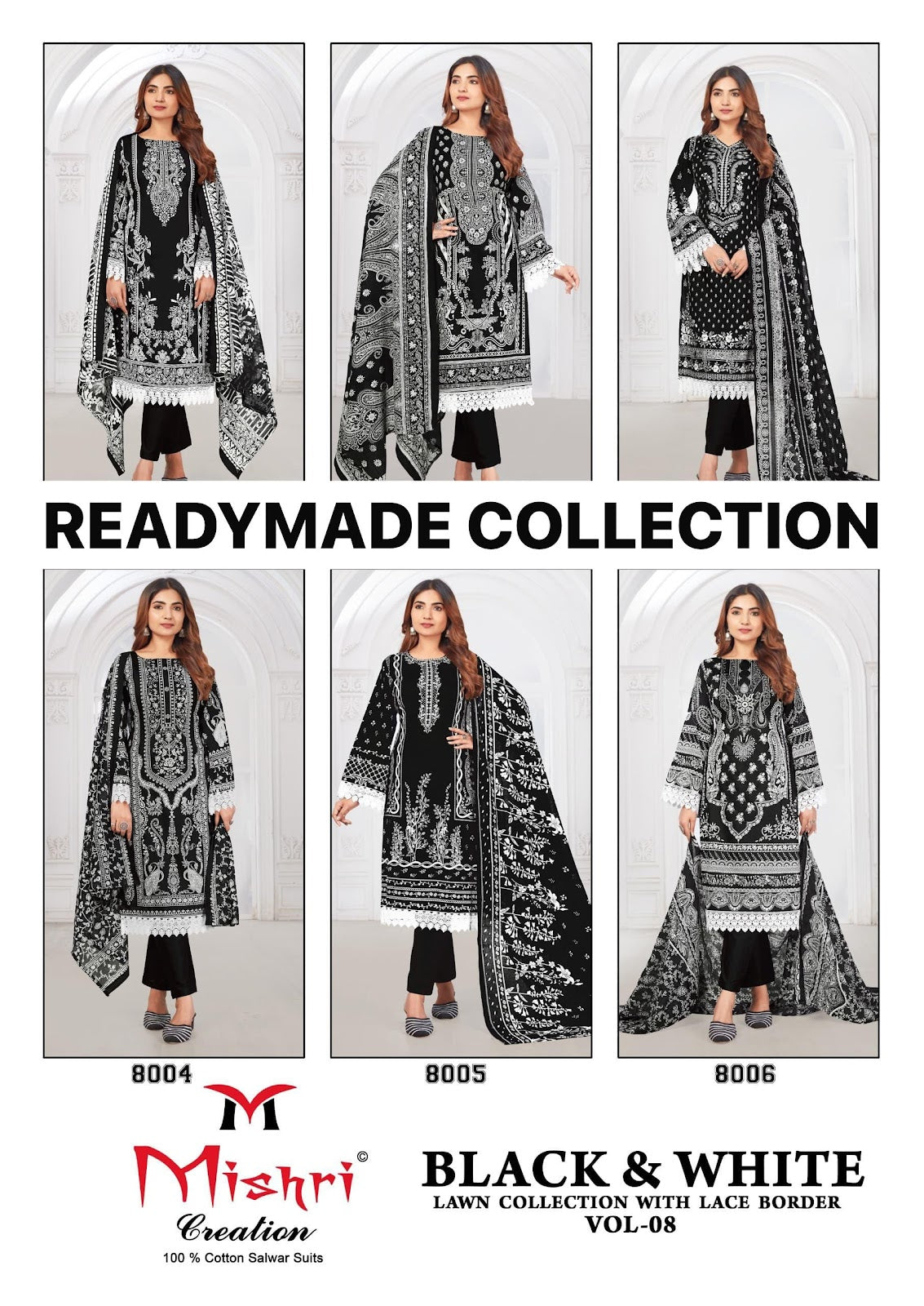 Black N White Vol 8 Lawn Collection With Lace Border Mishri Cotton Karachi Readymade Suits Wholesaler
