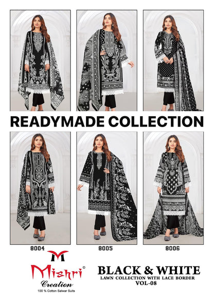 Black N White Vol 8 Lawn Collection With Lace Border Mishri Cotton Karachi Readymade Suits Wholesaler
