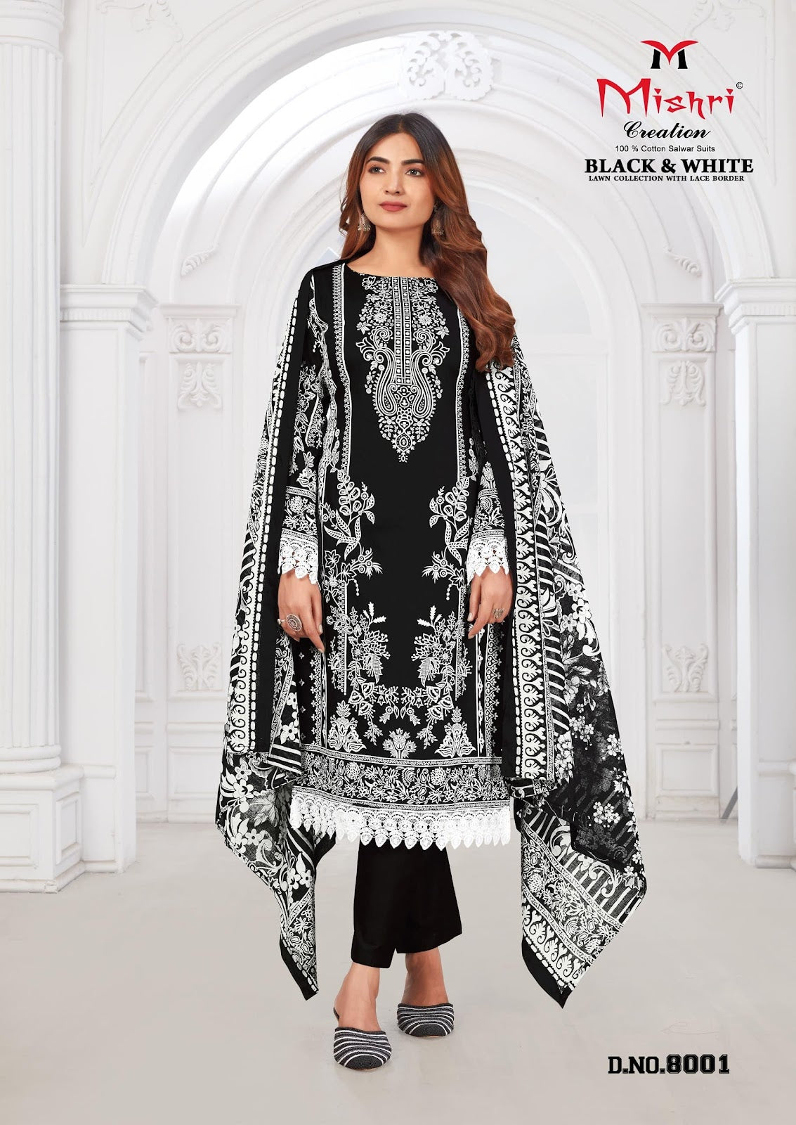 Black N White Vol 8 Lawn Collection With Lace Border Mishri Cotton Karachi Readymade Suits Wholesaler