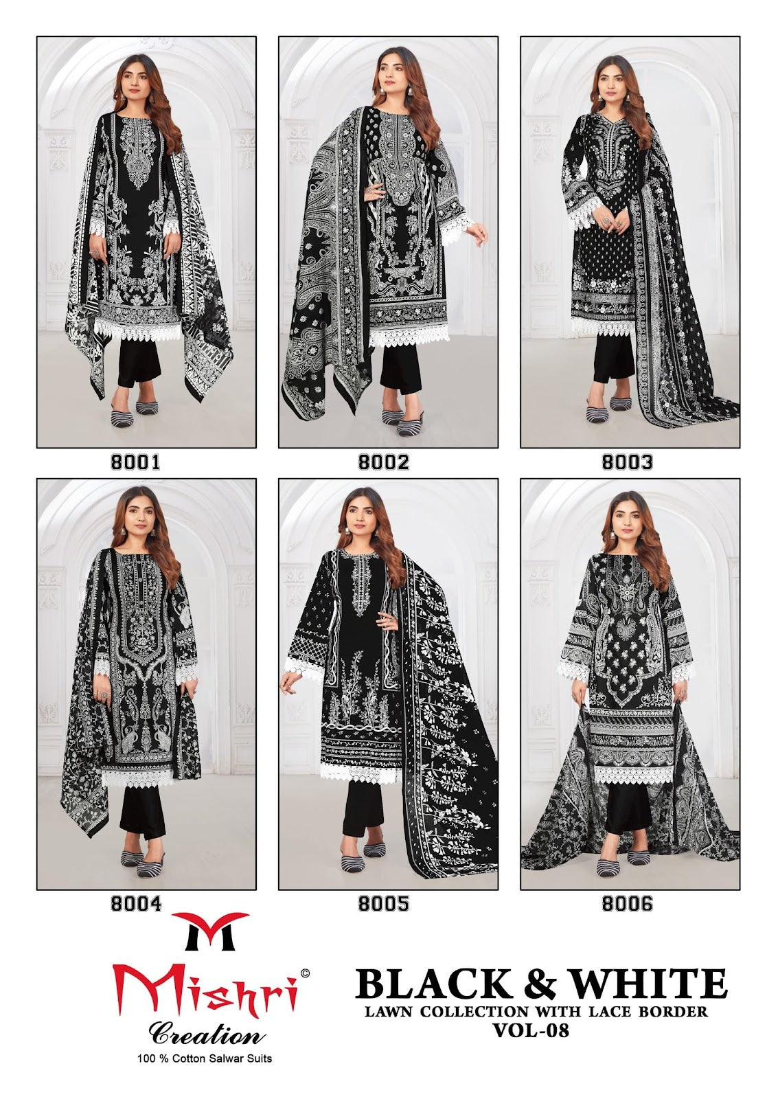 Black N White Vol 8 Lawn Collection With Lace Border Mishri Cotton Karachi Salwar Suits Exporter Gujarat