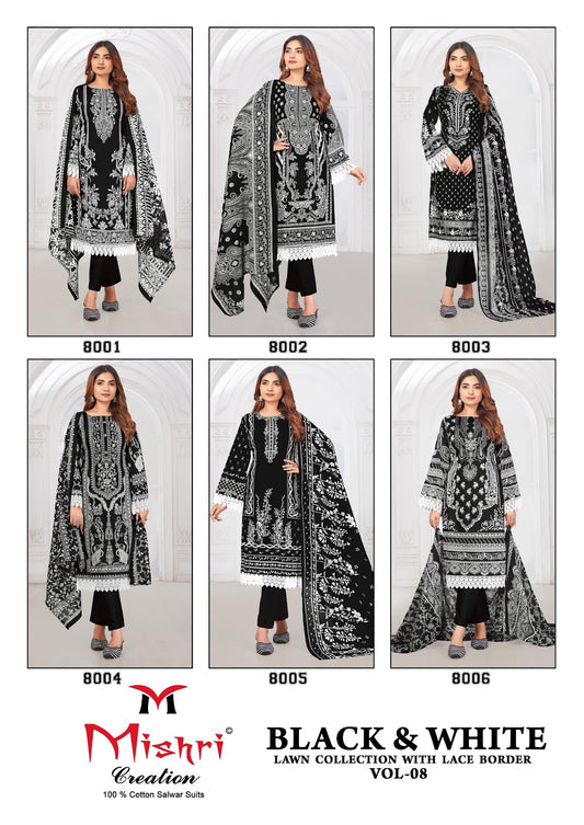 Black N White Vol 8 Lawn Collection With Lace Border Mishri Cotton Karachi Salwar Suits Exporter Gujarat