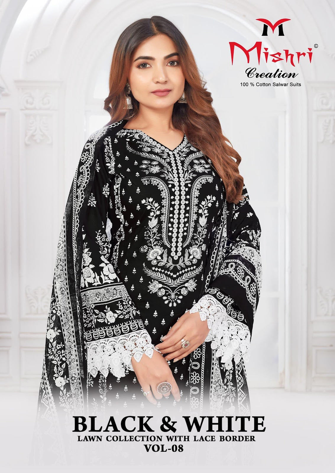 Black N White Vol 8 Lawn Collection With Lace Border Mishri Cotton Karachi Salwar Suits Exporter Gujarat