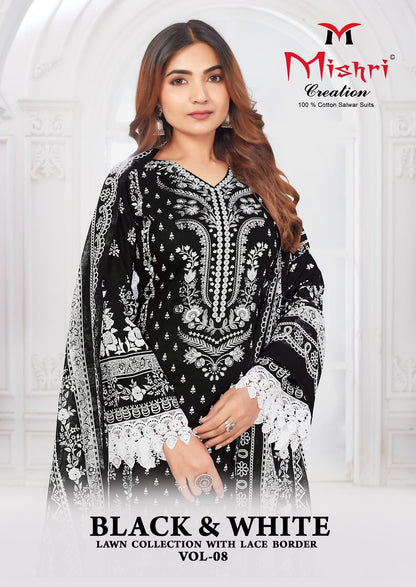 Black N White Vol 8 Lawn Collection With Lace Border Mishri Cotton Karachi Salwar Suits Exporter Gujarat