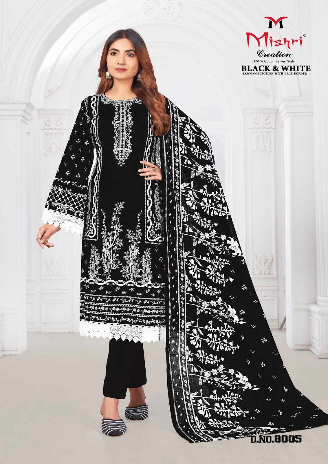 Black N White Vol 8 Lawn Collection With Lace Border Mishri Cotton Karachi Salwar Suits Exporter Gujarat
