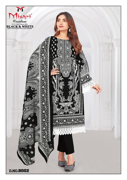 Black N White Vol 8 Lawn Collection With Lace Border Mishri Cotton Karachi Salwar Suits Exporter Gujarat