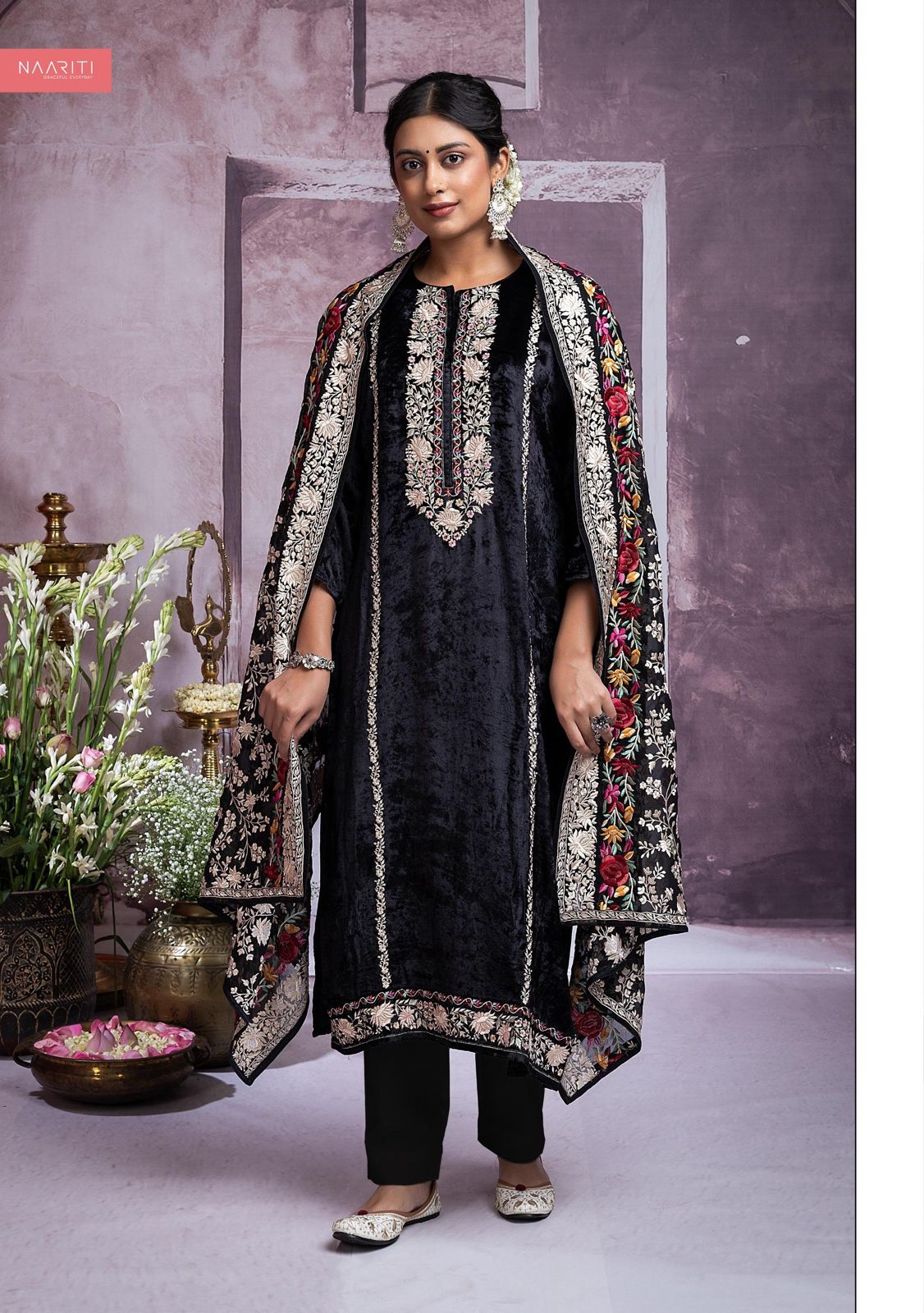 Black Vasara Naariti Velvet Pant Style Suits Supplier Ahmedabad