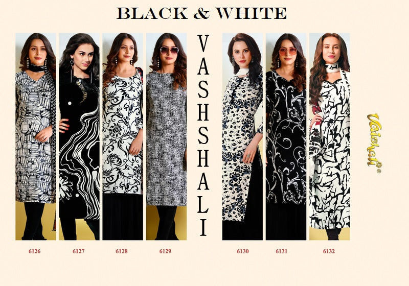 Black And White Vaishali Fashions Pure Crape Pant Style Suits Wholesale Price