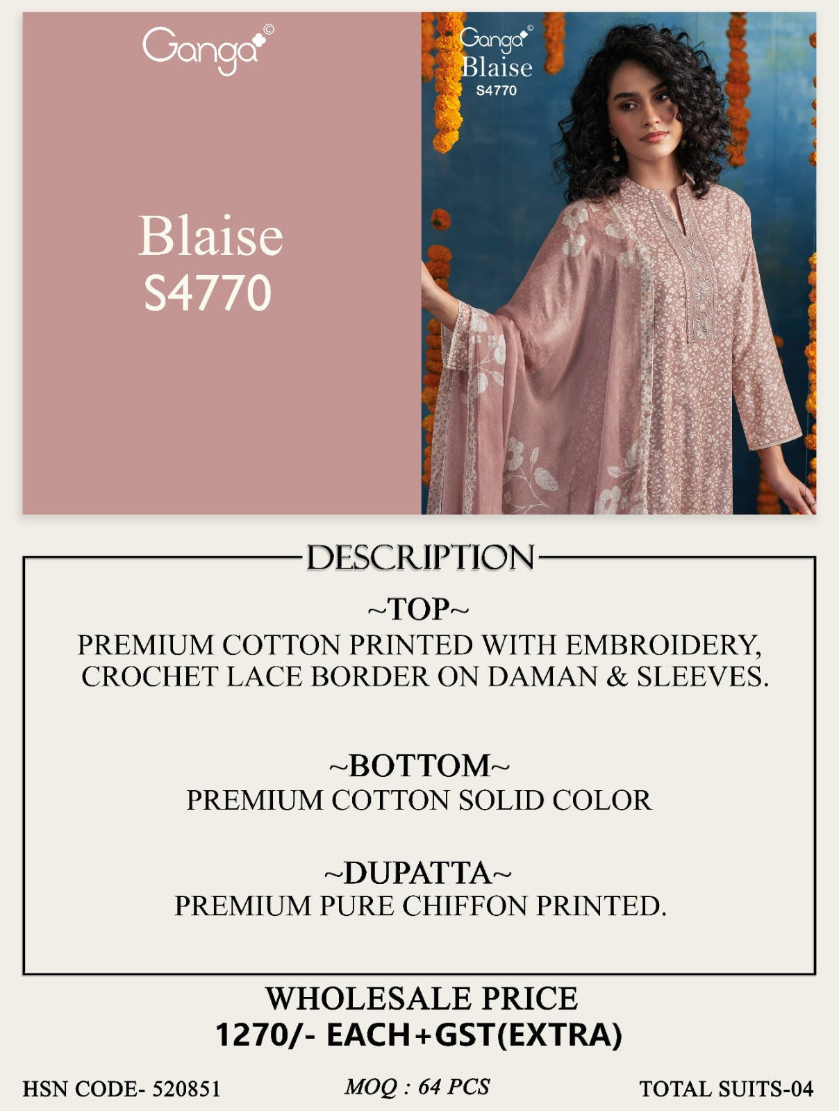 Blaise 4770 Ganga Cotton Plazzo Style Suits Exporter India