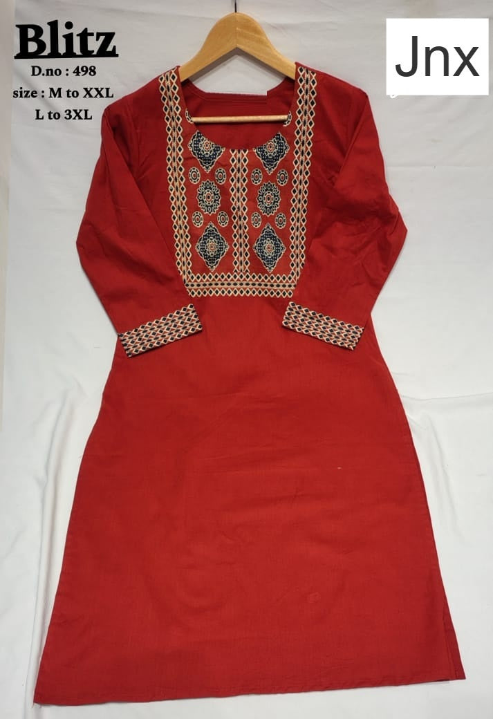 Blitz Jnx Dhabu Cotton Straight Cut Kurtis Exporter Ahmedabad