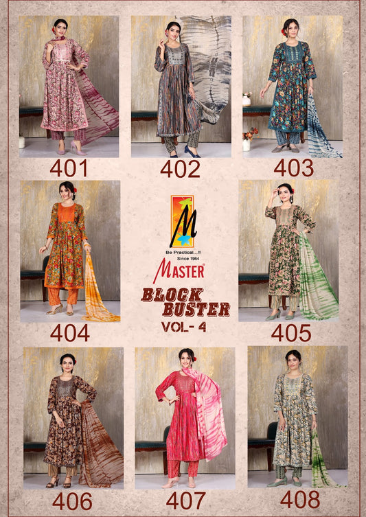 Block Buster Vol 4 Master Rayon Foil Readymade Pant Style Suits Exporter Gujarat