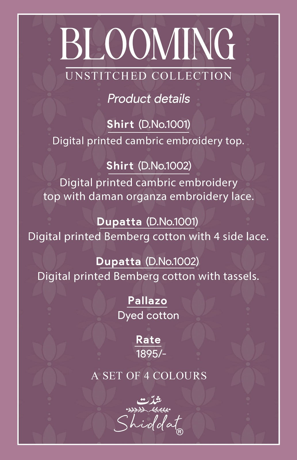 Blooming 1001 Shiddat Cambric Pant Style Suits Wholesaler