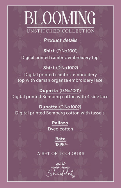Blooming 1002 Shiddat Cambric Pant Style Suits Wholesale Rate