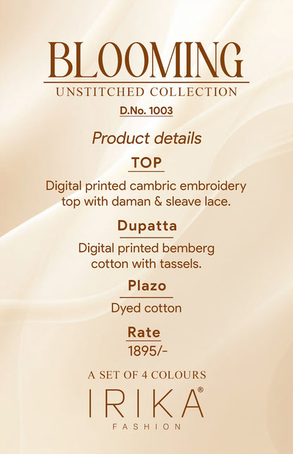 Blooming 1003 Shiddat Cambric Pant Style Suits Exporter