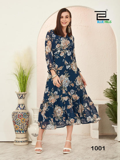 Blossom 1001-1005 Bluehills Georgette Anarkali Kurtis Manufacturer Gujarat