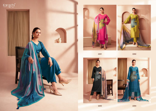Blossom Colour Karachi Prints Muslin Pant Style Suits Supplier