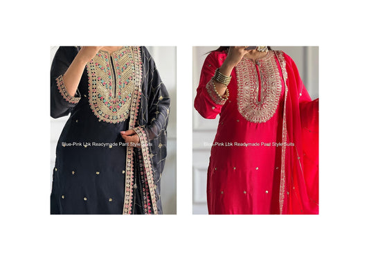 Blue-Pink Lbk Chinon Silk Readymade Pant Style Suits Manufacturer India