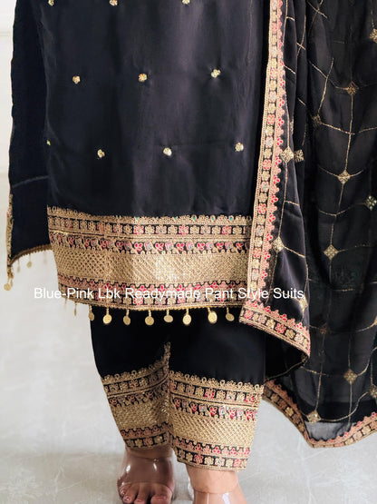Blue-Pink Lbk Chinon Silk Readymade Pant Style Suits Manufacturer India