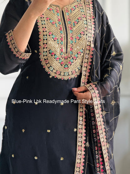 Blue-Pink Lbk Chinon Silk Readymade Pant Style Suits Manufacturer India