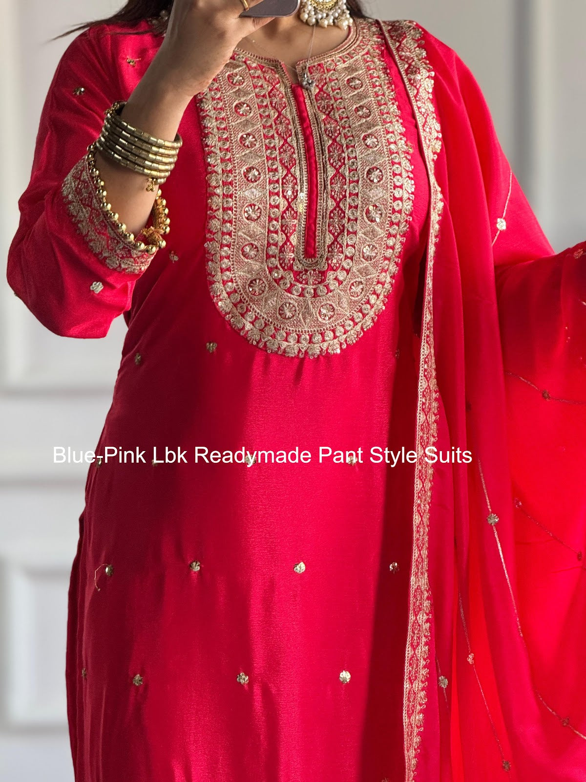 Blue-Pink Lbk Chinon Silk Readymade Pant Style Suits Manufacturer India