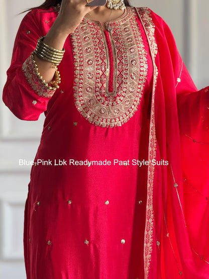 Blue-Pink Lbk Chinon Silk Readymade Pant Style Suits Manufacturer India