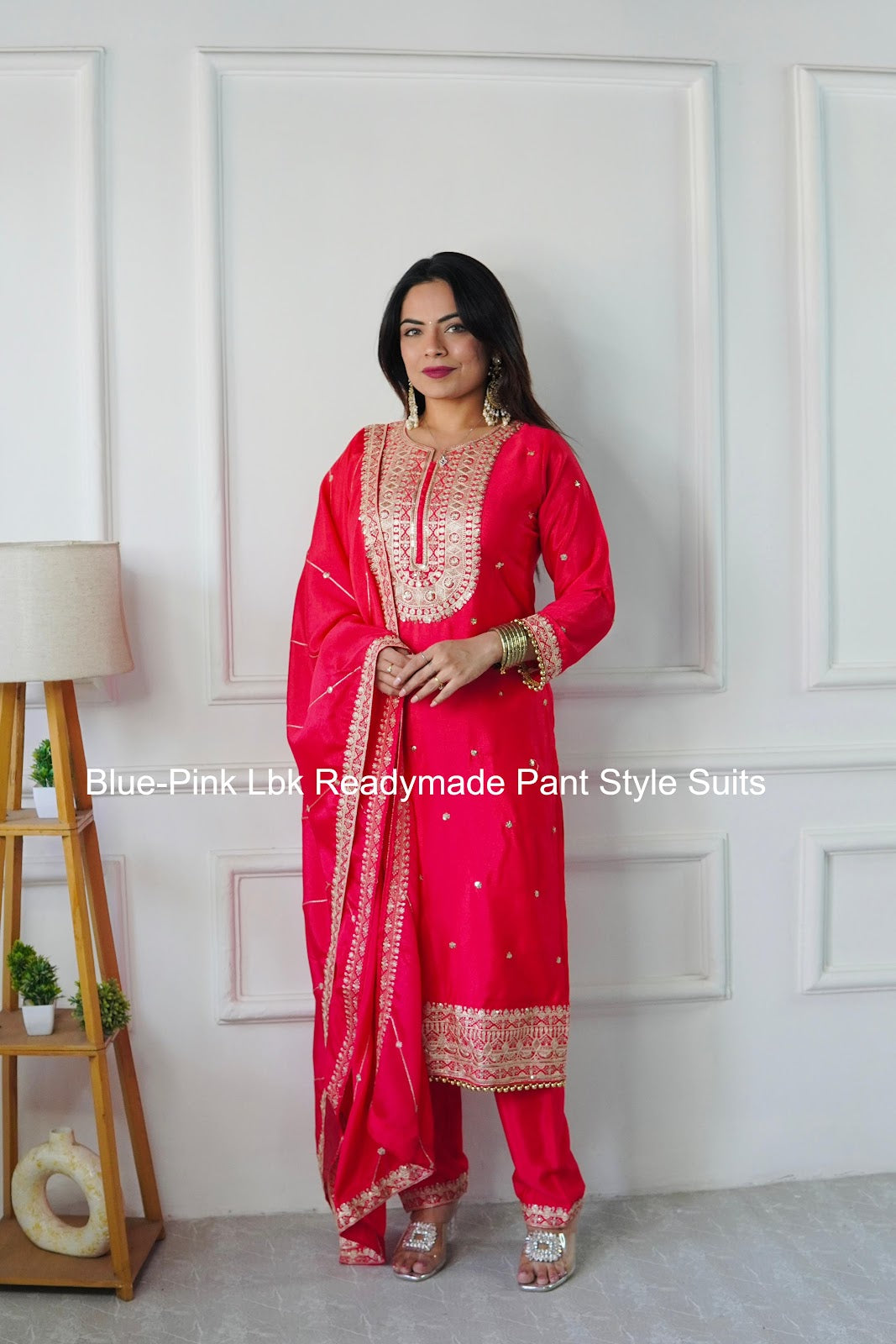 Blue-Pink Lbk Chinon Silk Readymade Pant Style Suits Manufacturer India