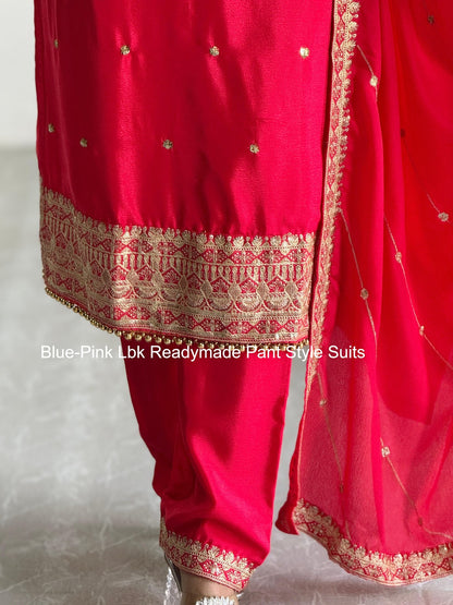Blue-Pink Lbk Chinon Silk Readymade Pant Style Suits Manufacturer India