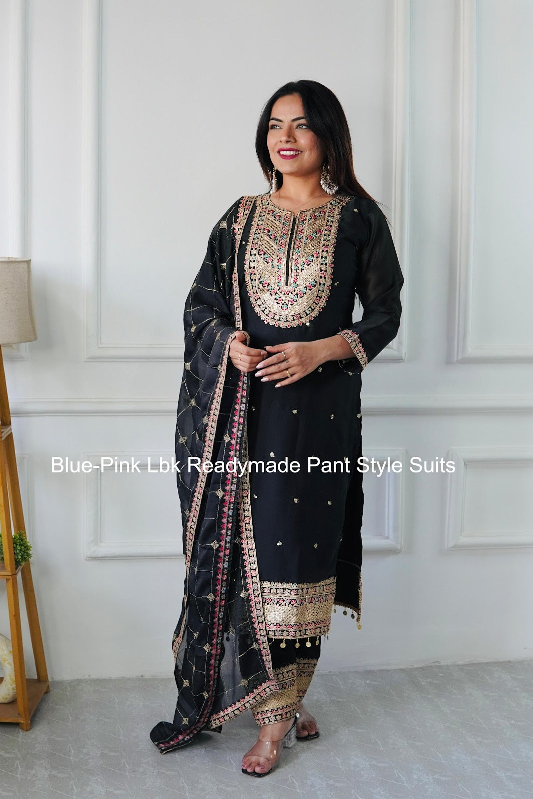 Blue-Pink Lbk Chinon Silk Readymade Pant Style Suits Manufacturer India