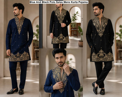 Blue And Black Polo Salas Premium Lachka Mens Kurta Pajama Wholesaler India