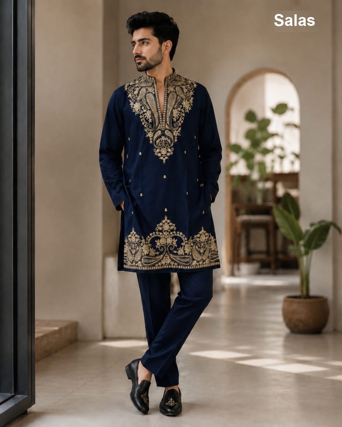Blue And Black Polo Salas Premium Lachka Mens Kurta Pajama Wholesaler India