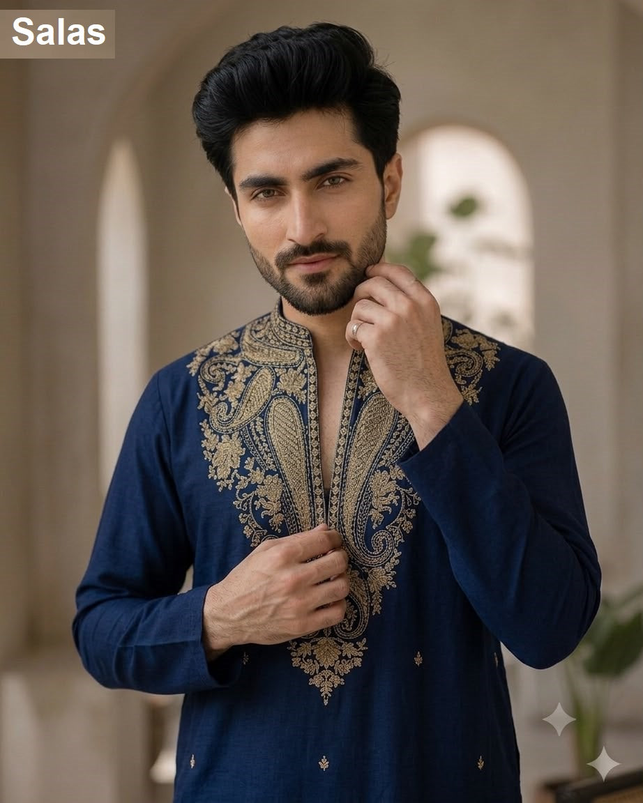 Blue And Black Polo Salas Premium Lachka Mens Kurta Pajama Wholesaler India