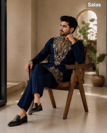 Blue And Black Polo Salas Premium Lachka Mens Kurta Pajama Wholesaler India