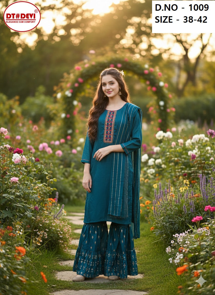 Blue Diamond Dn 1009 Dt Devi Glass Silk Girls Readymade Sharara Suits Wholesale