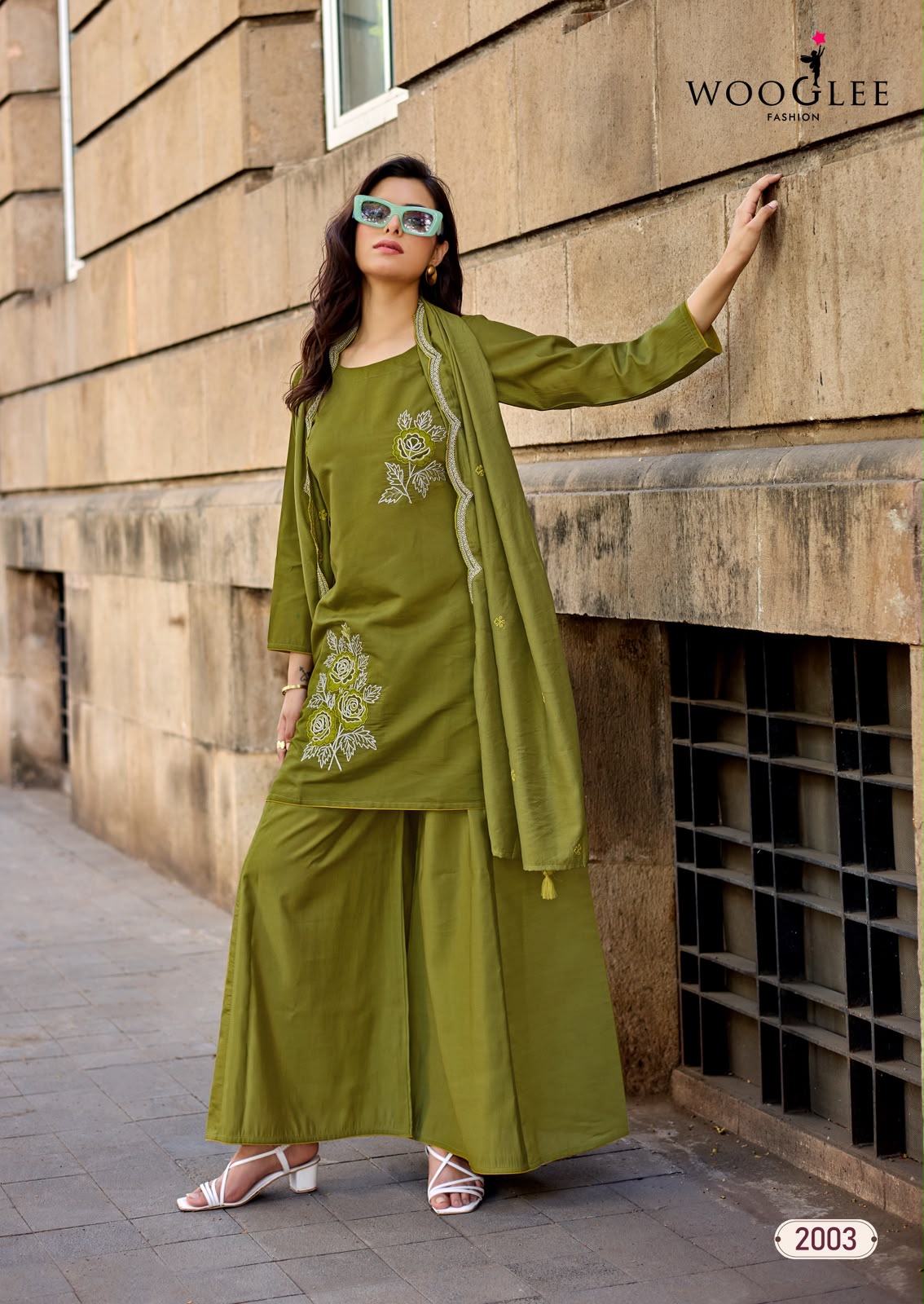 Blue Pearl Wooglee Russian Readymade Plazzo Style Suits Wholesale Price