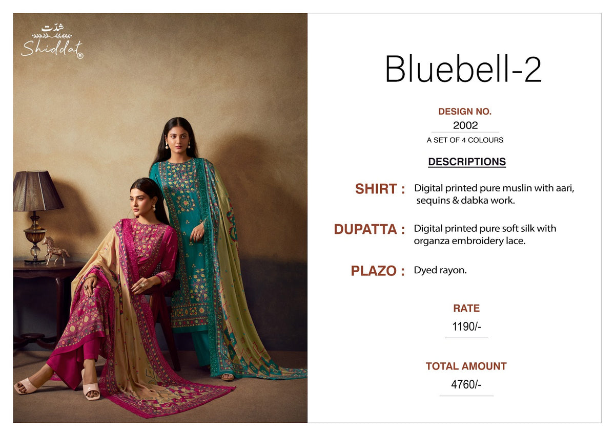 Bluebell 2002 Shiddat Muslin Plazzo Style Suits Wholesaler