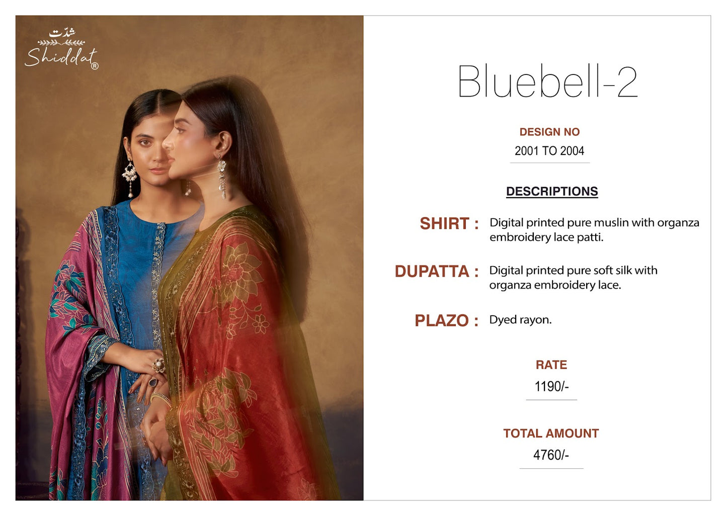 Bluebell 2 Shiddat Muslin Pant Style Suits Wholesaler