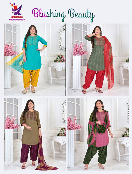 Blushing Beauty Mlm Kalash Lifestyle Rayon Slub Readymade Patiyala Suits Wholesale Rate