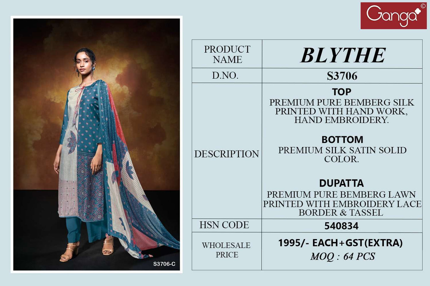 Blythe S3706 Ganga Bemberg Silk Pant Style Suits Manufacturer Gujarat