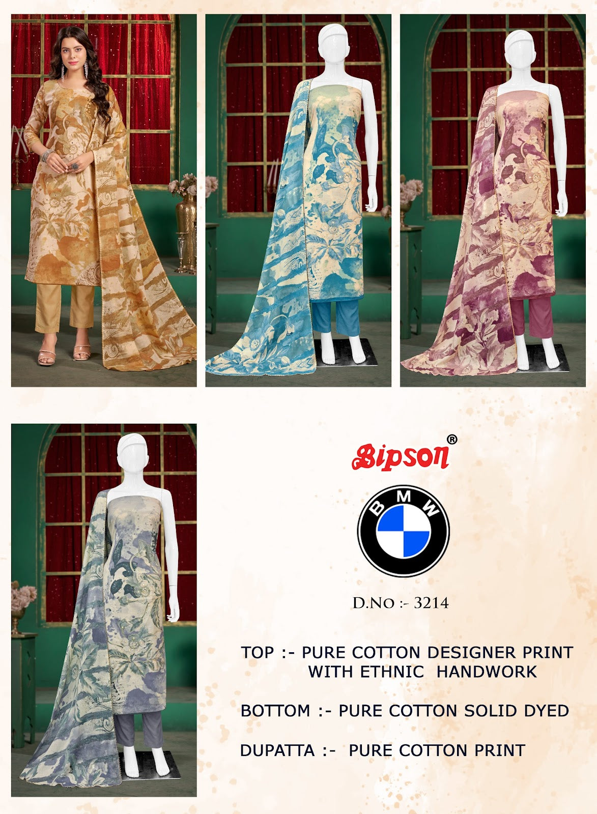 Bmw 3214 Bipson Prints Pure Cotton Pant Style Suits Supplier India