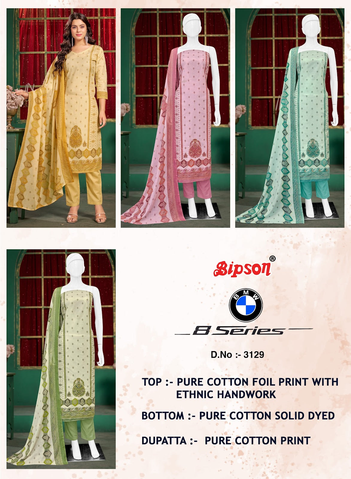 Bmw 8 Series 3129 Bipson Prints Pure Cotton Pant Style Suits Supplier Ahmedabad