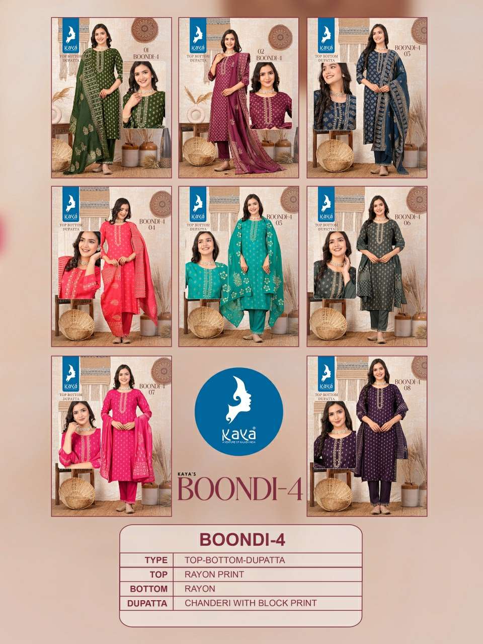 Boondi Vol 4 Kaya Rayon Readymade Pant Style Suits Wholesale